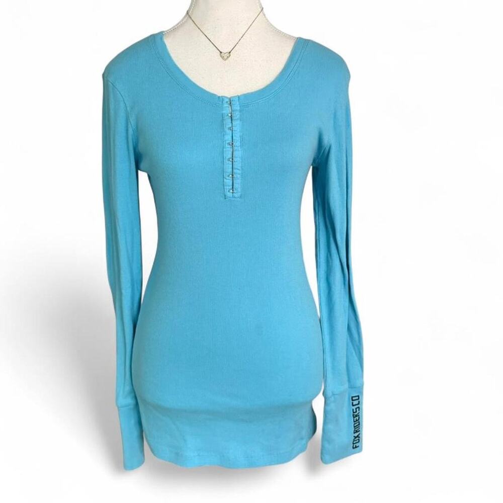 Fox Racing Blue Y2K Henley Full Length 100%Cotton Fox Riders Co 2000s Top Size L